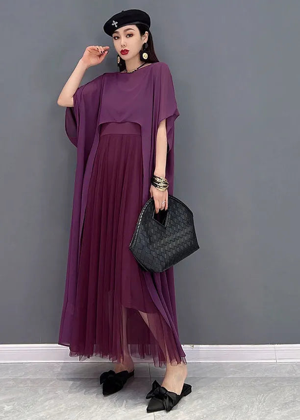 French Purple Asymmetrical Design Chiffon Dress and Cloak Two Pieces Set Summer