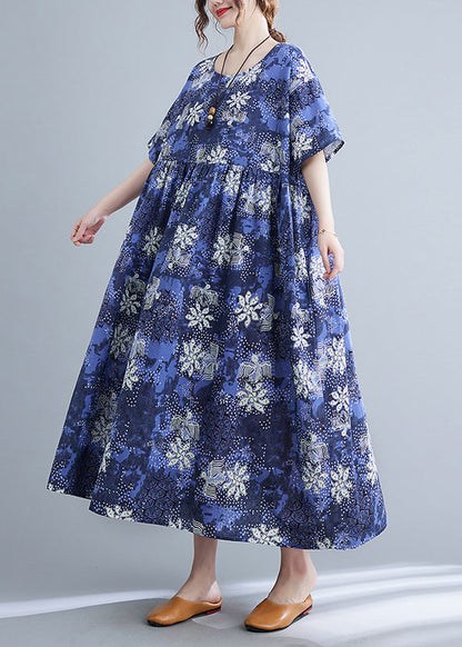 Italian Blue O-neck Cinched Print Maxi Dresses Short Sleeve