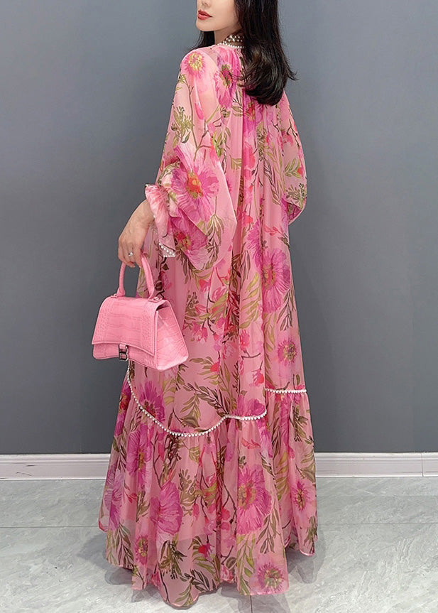 Pink O-neck Print Nail Bead Chiffon Maxi Dresses Long Sleeve