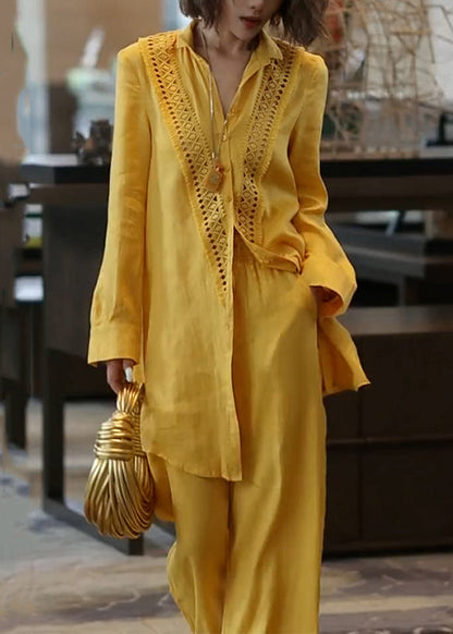Unique Yellow Hollow Out Linen Sets 2 Pieces Fall