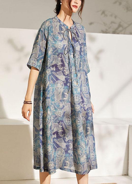 Blue Print O-neck Tie Print Ramie Summer Holiday Dress