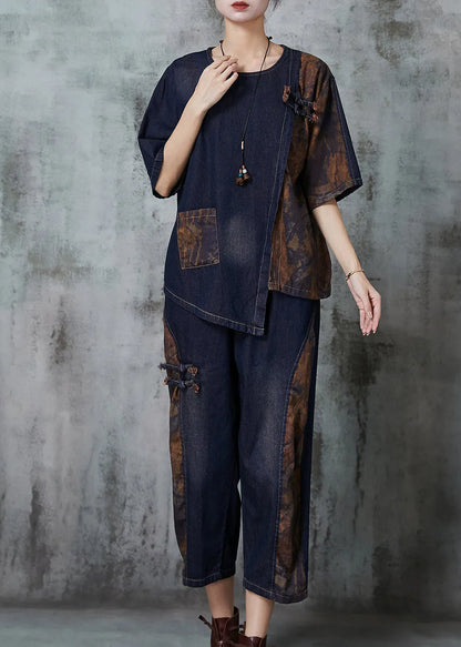 Navy Asymmetrical Patchwork Denim Two Piece Set Spring