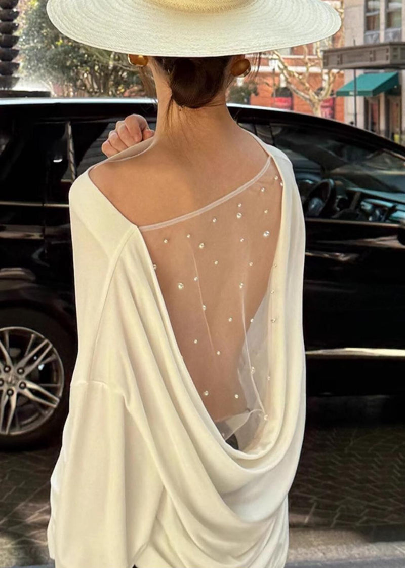 White Backless Patchwork Tulle Shirt Top Summer