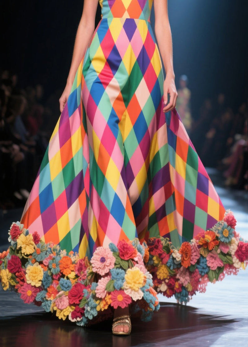 Polychrome Plaid Three-dimensional Flower Silk Strapless Dress Summer