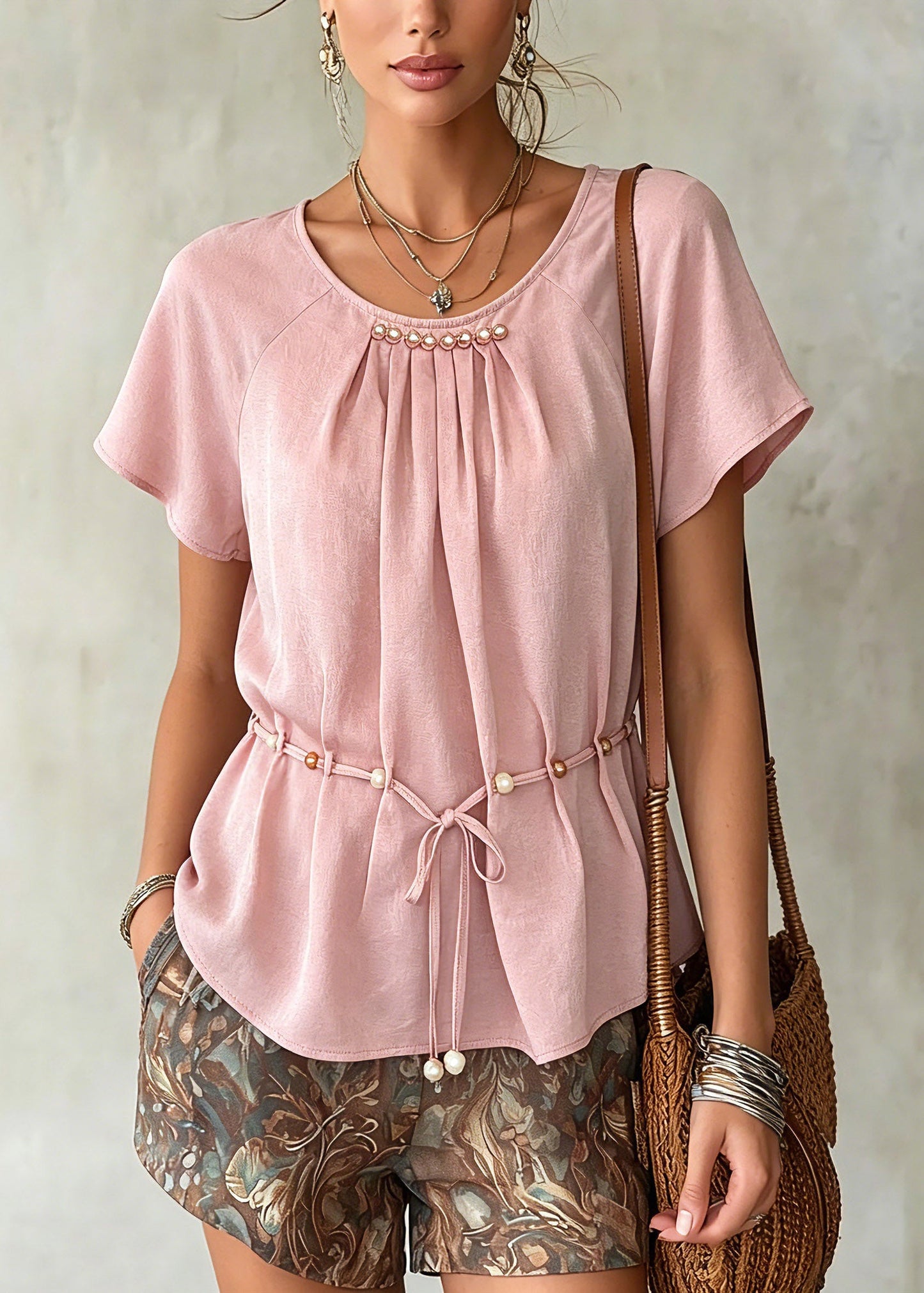 Pink Wrinkled Tie Waist Chiffon Shirts Summer