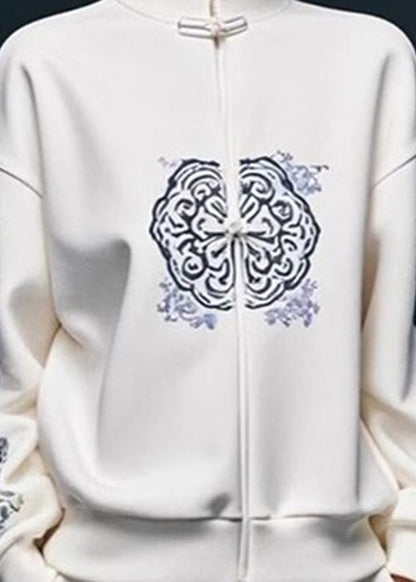 White Print Cotton Pullover Sweatshirt Stand Collar Fall