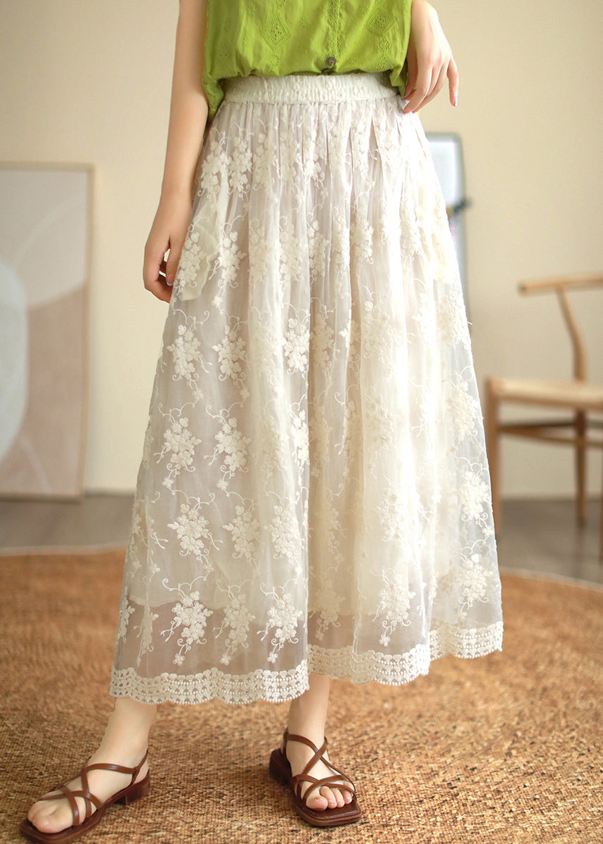 White Embroidered Lace Patchwork Tulle Pleated Skirt Summer