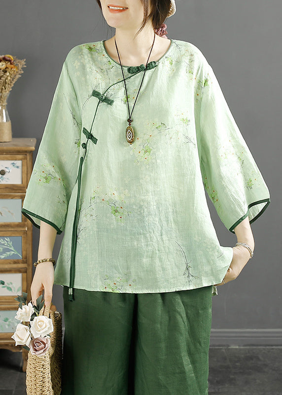 Green Tasseled Print Linen Shirt Spring