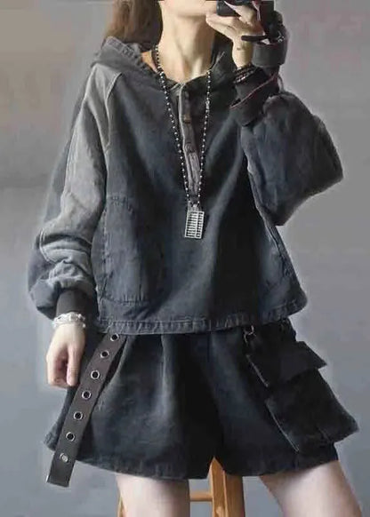 Black Hooded Patchwork Button Fall Denim Pullover Street Wear