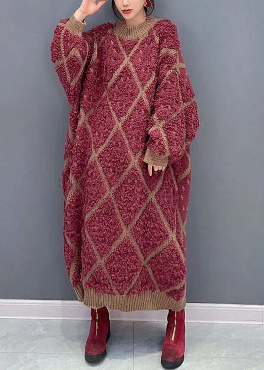 Red O Neck Plaid Patchwork Cotton Knit Dresses Long Sleeve