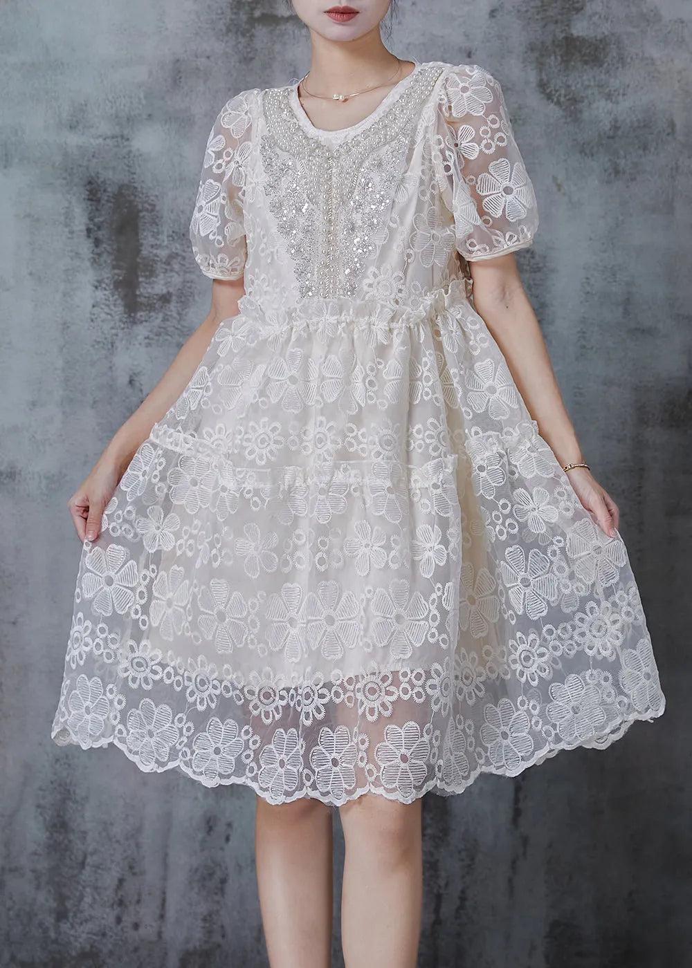 Beige Embroidered Nail Bead Tulle Party Dresses Summer