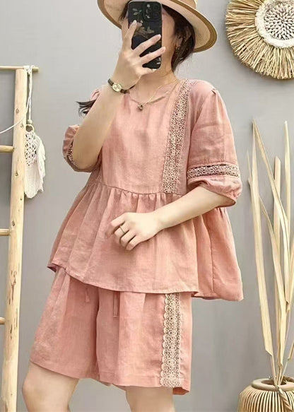 Style Pink Oversized Patchwork Linen Sets 2 Pieces Summer