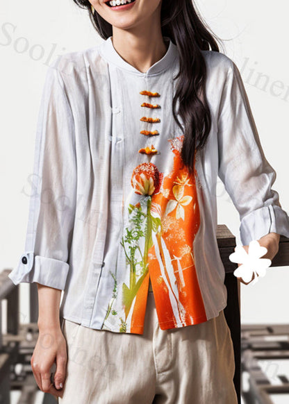 Beige Stand Collar Button Print Cotton Shirts Fall