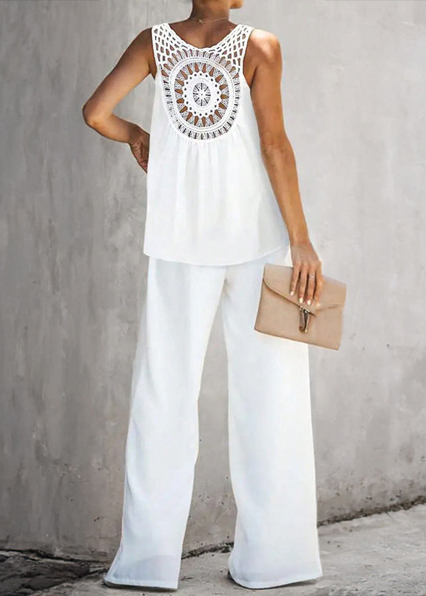 Loose White Hollow Out Cotton Two Pieces Set Sleeveless