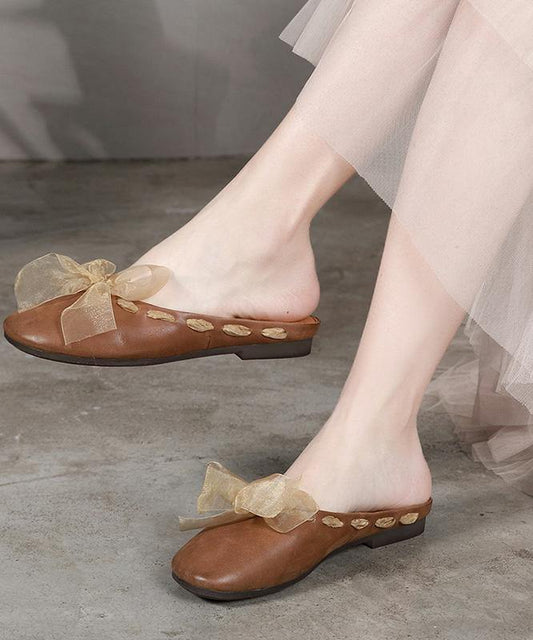 Lace Up Flat Shoes Brown Cowhide Leather Slippers