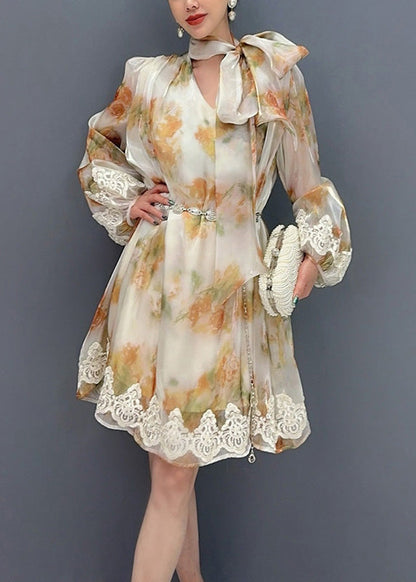 New Stylish Printed Lace Up Mid Dress Long Sleeve