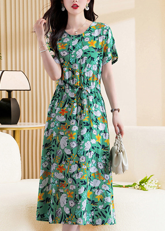 Diy Khaki O-neck Print Tie Waist Maxi Dress Short Sleeve