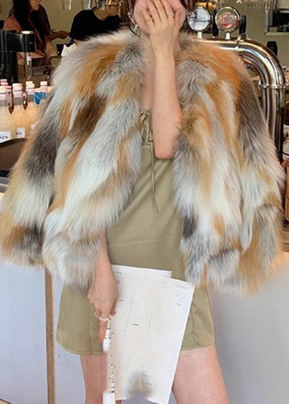 Brown Grey Leather and Fur Coats Coat V Neck