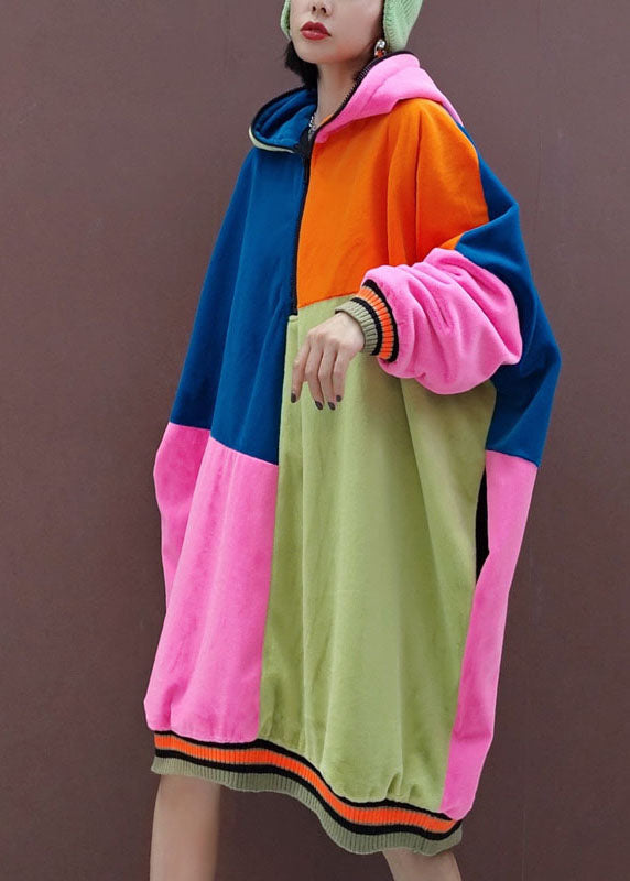 Italian Multi Hooded Pockets Patchwork Pullover Sweatshirt Dresses Spring