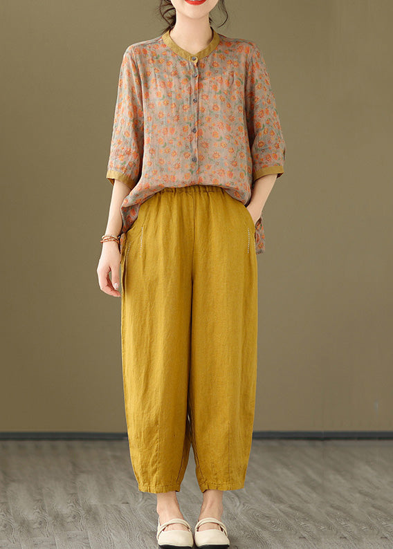 Orange Button Pockets Cotton Two-piece Set Pink Half Sleeve Bracelet Sleeve