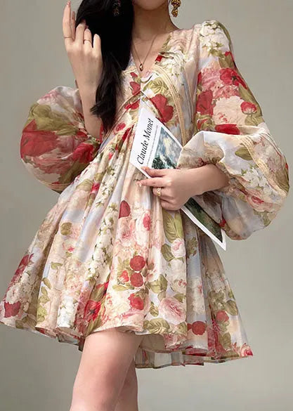French Apricot Flower Print Silk Evening Dresses Lantern Sleeve