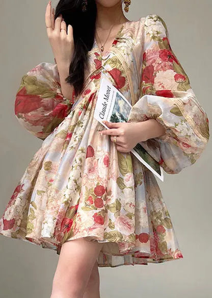 French Apricot Flower Print Silk Evening Dresses Lantern Sleeve