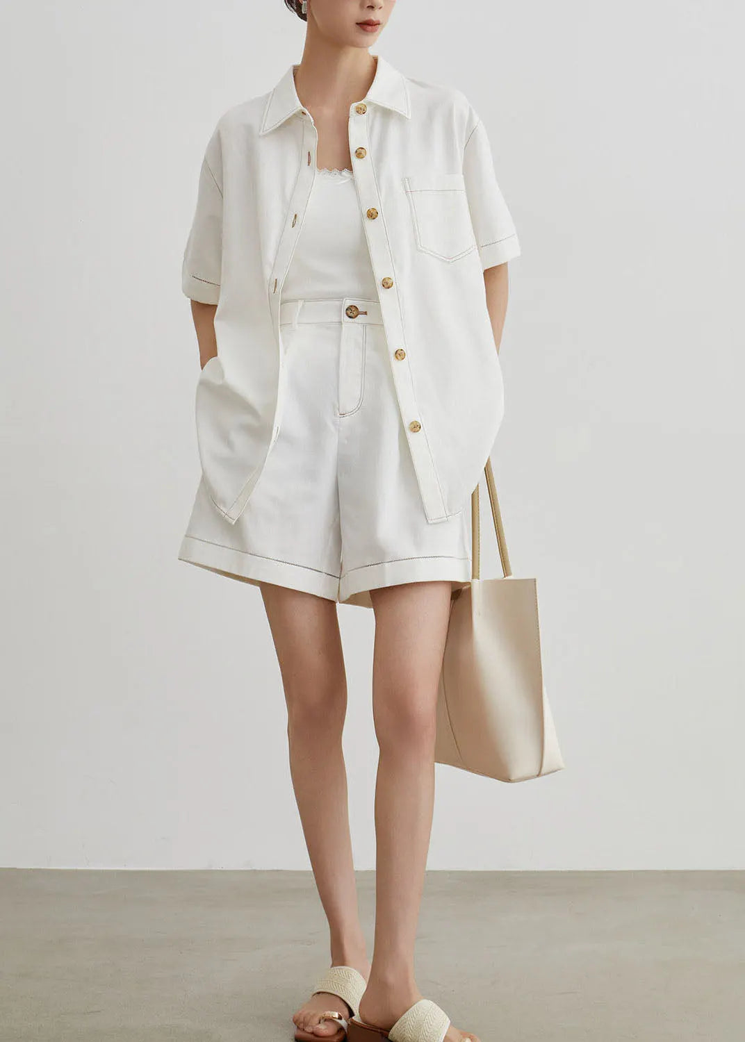 Modern White Peter Pan Collar Denim Two Pieces Set Summer