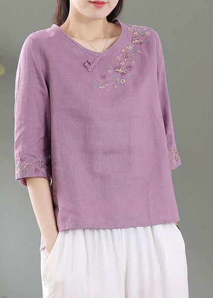 Purple Patchwork Linen Shirt Top O-neck Embroideried Three Quarter Sleeve