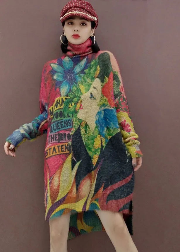 Classy Low High Design Turtle Neck Beauty Print Knit Dress Spring