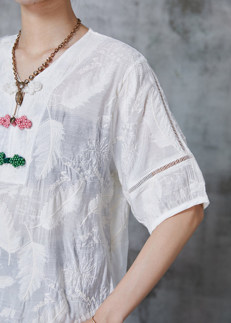 White Embroidered Chinese Button Cotton Shirt Tops Summer