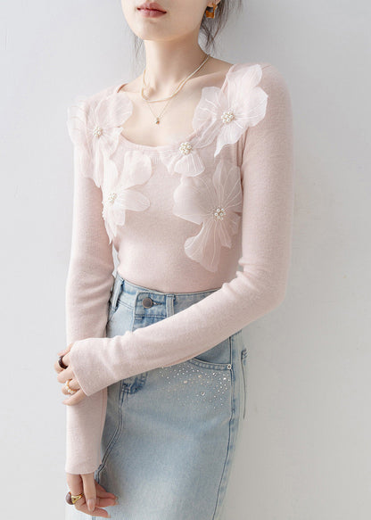 Slim Fit Pink O Neck Nail Bead Knit Top Spring