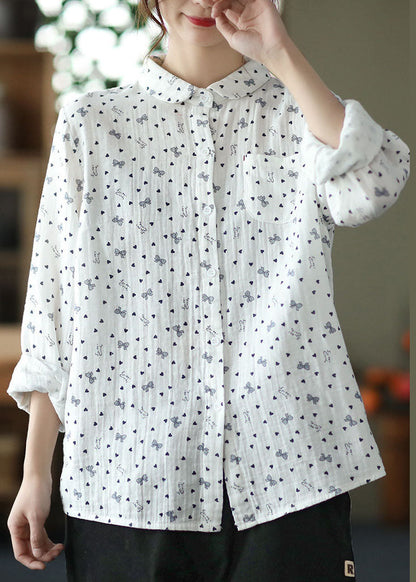 White Peter Pan Collar Print Patchwork Cotton Shirts Top Spring