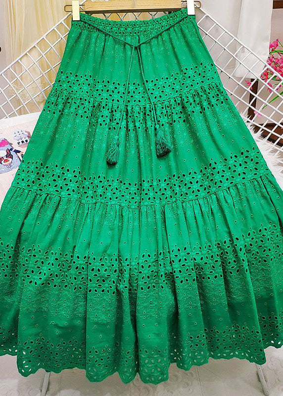 Green Embroideried Tasseled Hollow Out Cotton Skirt Summer