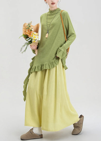 Green Ruffled Asymmetrical Cotton Two Piece Set Fall