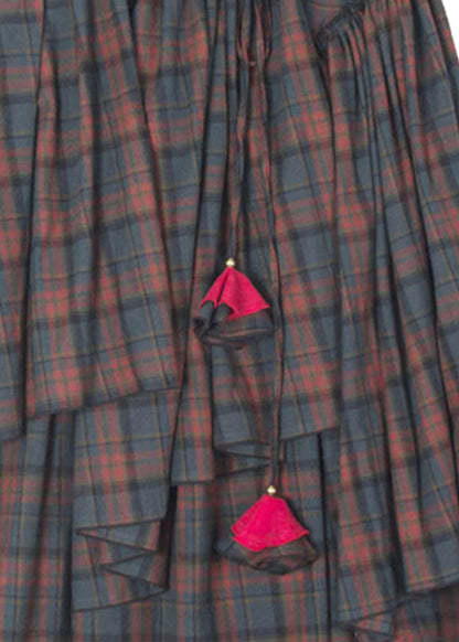 Blue Red Plaid Patchwork Wrinkled Tie Waist Maxi Skirts
