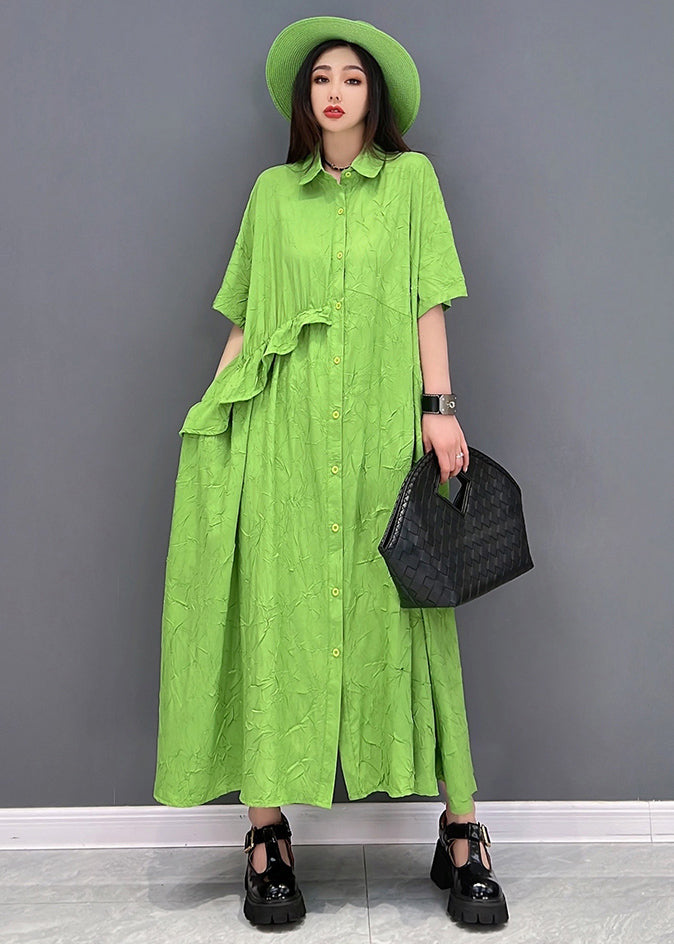 Green Peter Pan Collar Asymmetrical Design Ruffled Vacation Dresses Short Sleeve