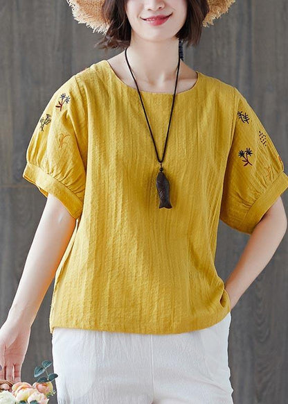 Navy Embroideried Cotton Linen T Shirts Summer