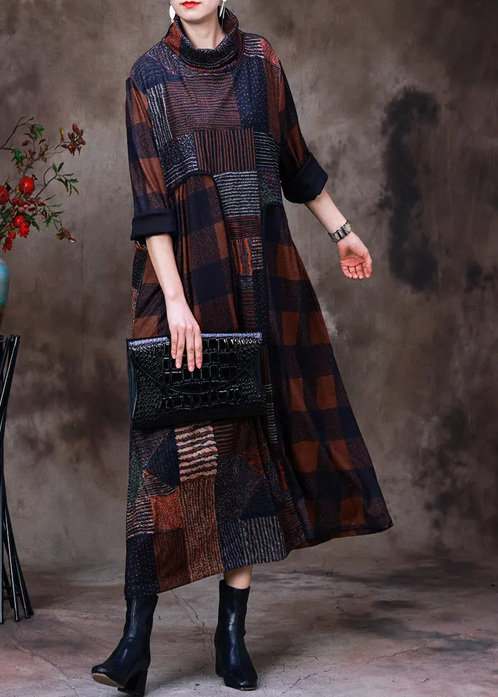Chocolate Turtleneck Plaid Patchwork Velour Maxi Dress Long Sleeve