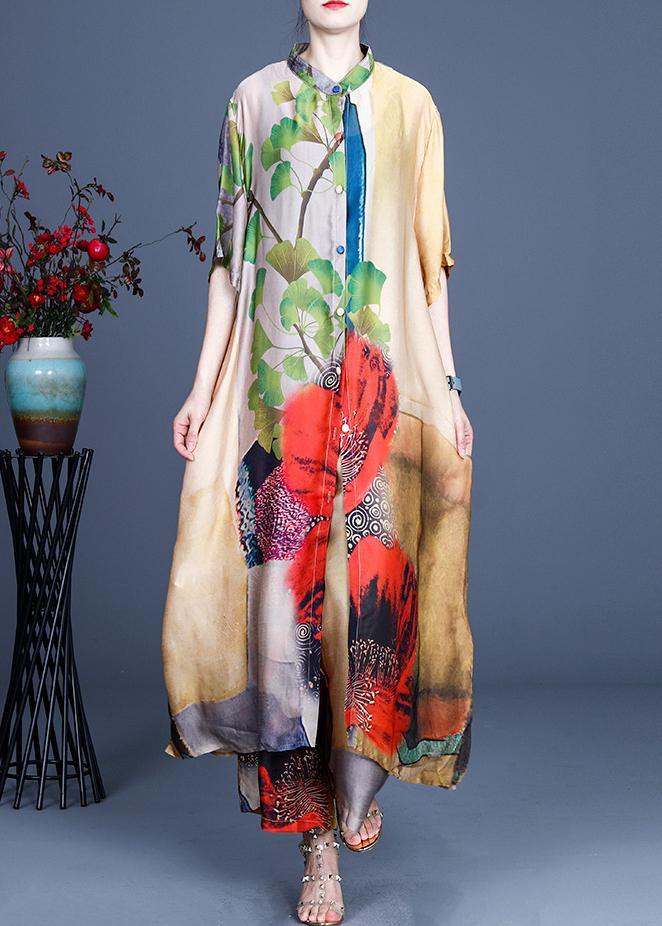 Fitted Yellow Print Long Silk Summer Sets Two Pieces