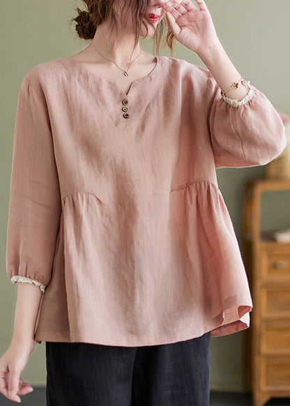 Brief Pink O-neck Wrinkled Button Top Long Sleeve