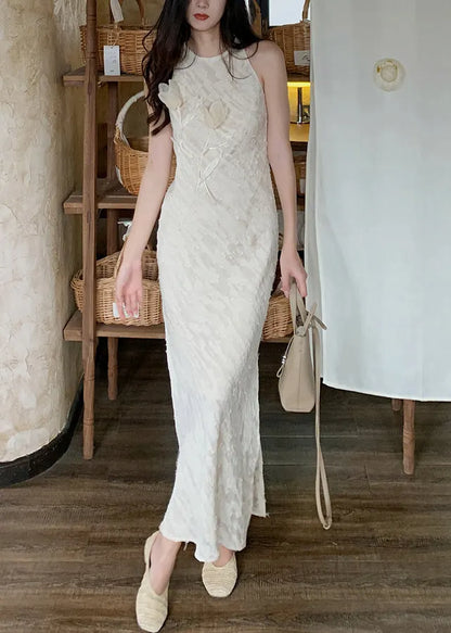 Beige O-neck Side Open Silk Long Dresses Sleeveless Summer