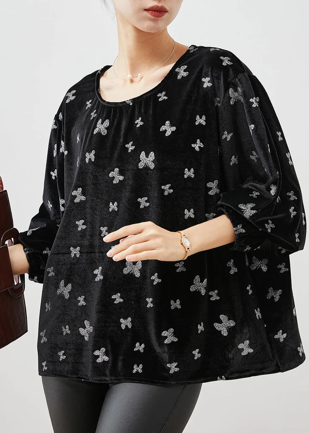 Black Oversized Silk Velour Shirts Spring