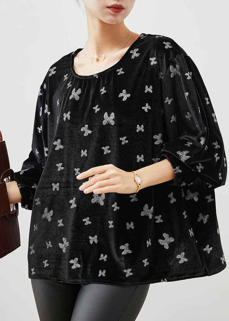 Black Oversized Silk Velour Shirts Spring