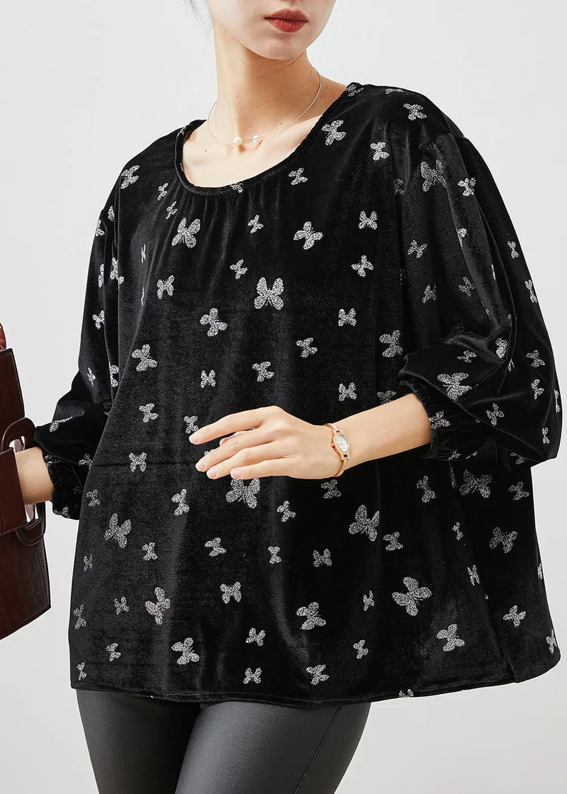Black Oversized Silk Velour Shirts Spring