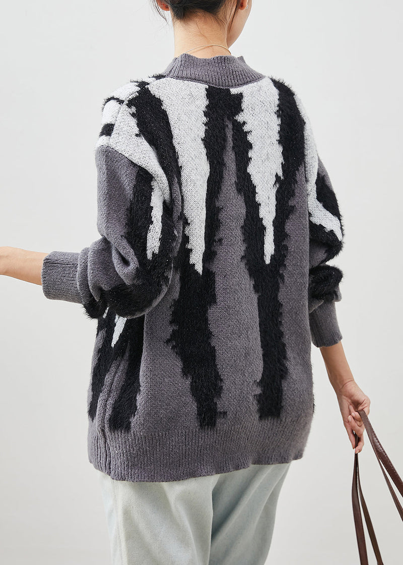 Diy Grey Oversized Jacquard Knit Pullover Winter