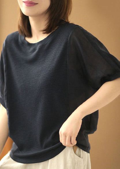 Navy Color O-neck Knit Patchwork Linen Shirt Short Sleeve
