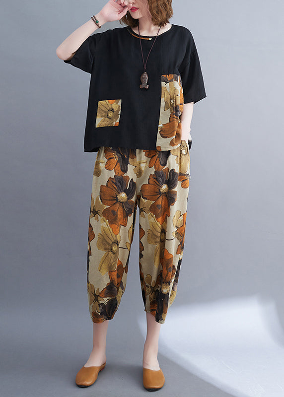 Black Oversized Patchwork Cotton Two-piece Set Summer