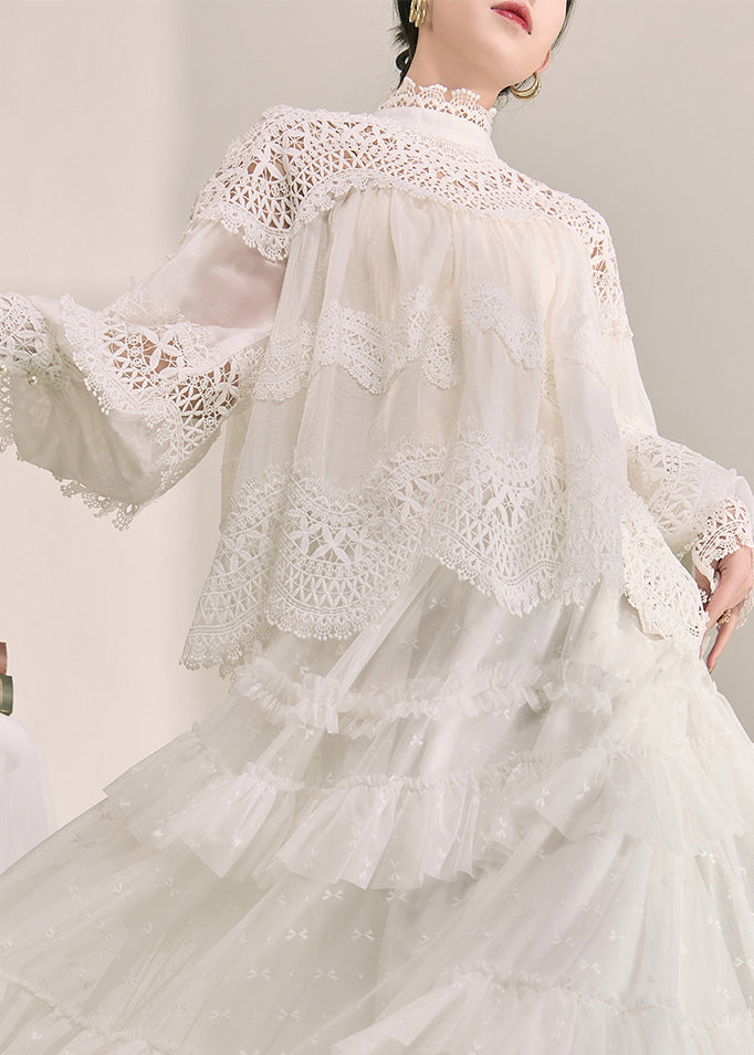 White Turtleneck Hollow Out Lace Top Fall