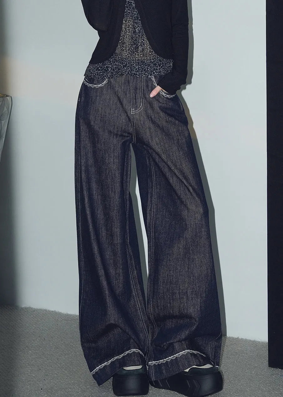 New Navy Original Design Pockets Denim Wide Leg Pants Spring