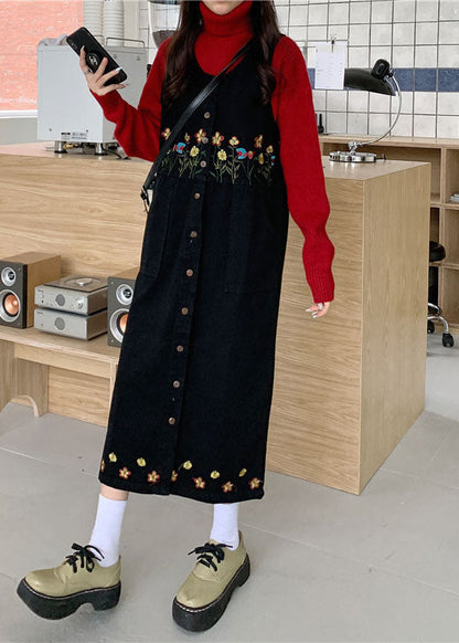 Black Slash Neck Embroideried Patchwork Button Denim Maxi Dress Sleeveless